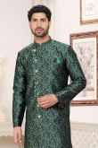 Dark Green Weaved Thread Jacquard Traditional Men Sherwani