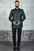 Dark Green Weaved Thread Silk Men's Jodhpuri Style Sherwani 