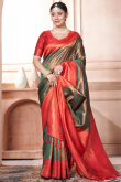 Dark Green Weaved Zari Work Broad Border Silk Saree for Women