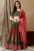 Dark Green Woven Zari Art Silk Panelled Style Lehenga