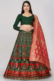 Dark Green Woven Zari Banarasi Silk Lehenga