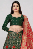 Dark Green Woven Zari Banarasi Silk Lehenga