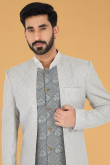 Dark Grey Cotton Embroidered Jacket Style Men Sherwani