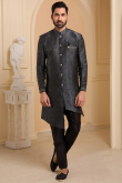 Dark Grey Jacquard Asymmetrical Men's Woven Sherwani