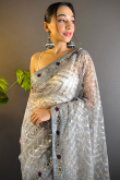 Dark Grey Net Embroidered Light Weight Saree