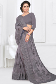 Dark Grey Net Resham Embroidered Heavy Saree