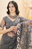 Dark Grey Net Saree with Stone Work for Wedding
