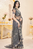 Dark Grey Net Saree with Stone Work for Wedding