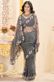 Dark Grey Net Saree with Stone Work for Wedding