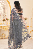 Dark Grey Net Saree with Stone Work for Wedding