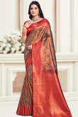 Dark Grey Printed Silk Broad Border Saree for Sangeet 