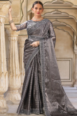 Dark Grey Weaved Lurex Thread Georgette Fancy Saree 