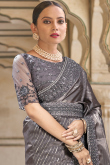 Dark Grey Weaved Lurex Thread Georgette Fancy Saree 