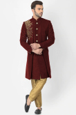 Dark Maroon Art Silk Embroidered Jacket Style Men's Sherwani