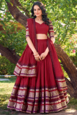 Dark Maroon Cotton Weaved Flared Style Lehenga For Festival