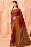 Dark Maroon Crepe Saree With Printed Work For Casual Wear