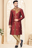 Dark Maroon Dupion Silk Embroidered Straight Cut Men's Kurta Pajama