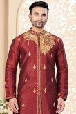 Dark Maroon Dupion Silk Embroidered Straight Cut Men's Kurta Pajama