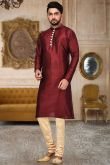 Dark Maroon Straight Cut Wedding Wear Men Kurta Pajama in Dupion Silk