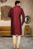 Dark Maroon Straight Cut Wedding Wear Men Kurta Pajama in Dupion Silk