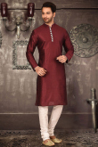 Dark Maroon Churidar Dupion Silk Men Kurta Pajama for Wedding 
