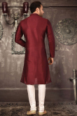 Dark Maroon Churidar Dupion Silk Men Kurta Pajama for Wedding 
