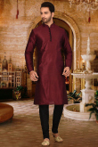 Dark Maroon Churidar Dupion Silk Men Kurta Pajama for Sangeet