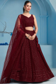 Dark Maroon Embroidered Georgette Panelled Style Lehenga