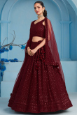 Dark Maroon Embroidered Georgette Panelled Style Lehenga