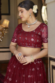 Dark Maroon Embroidered Net Flared Style Lehenga