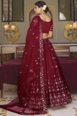 Dark Maroon Embroidered Net Flared Style Lehenga