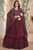 Dark Maroon Georgette Embroidered Flared Lehenga 