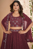 Dark Maroon Georgette Embroidered Flared Lehenga 