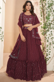 Dark Maroon Georgette Embroidered Flared Lehenga 