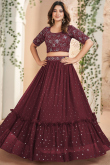 Dark Maroon Georgette Embroidered Flared Lehenga 