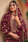 Dark Maroon Georgette Embroidered Straight Cut Palazzo Suit
