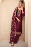 Dark Maroon Georgette Embroidered Straight Cut Palazzo Suit