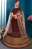 Dark Maroon Satin Embroidered Panelled Lehenga