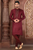 Dark Maroon Silk Embroidered Men's Churidar Kurta 