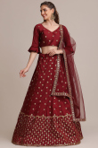 Lehenga in Dark Maroon Taffeta Silk for Wedding Wear
