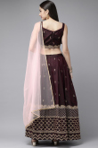 Party Wear Dori Embroidered Dark Maroon Lehenga in Taffeta Silk
