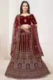 Dark Maroon Velvet Embroidered Panelled Lehenga
