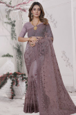 Dark Mauve Embroidered Net Light Weight Saree For Sangeet