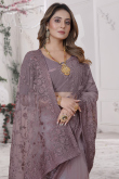 Dark Mauve Embroidered Net Light Weight Saree For Sangeet