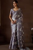 Dark Mauve Foil Print Organza Light Weight Saree
