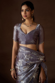 Dark Mauve Foil Print Organza Light Weight Saree