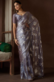 Dark Mauve Foil Print Organza Light Weight Saree