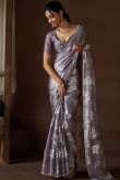 Dark Mauve Foil Print Organza Light Weight Saree