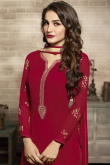 Red Embroidered Georgette Churidar Suit