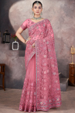 Dark Pink Net Embroidered Fancy Saree for Festival 
